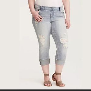 Torrid boyfriend crop destructed lace underlay